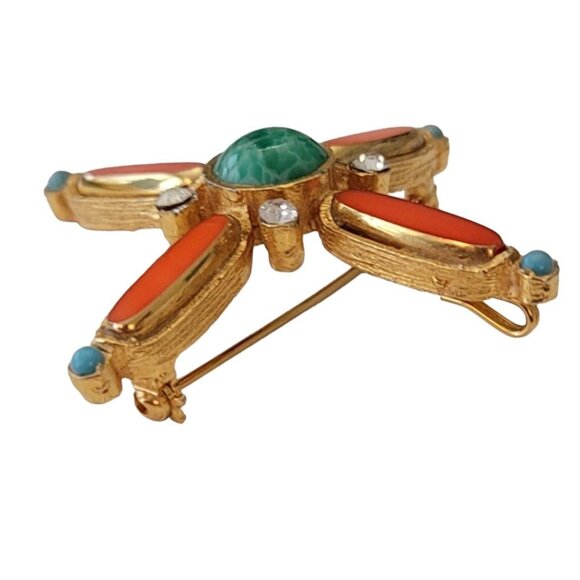 Gold Tone Orange Bezel Set, Green Mottled Cab Maltese Cross Brooch Pendant E782 - Picture 6 of 10